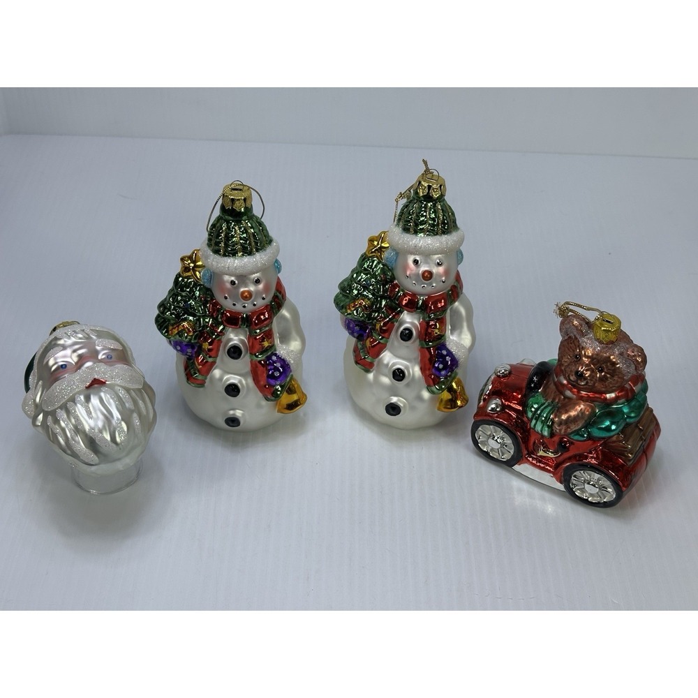 4 Vintage Glass Christmas Ornaments Hand Painted Snowman Teddy Bear Santa